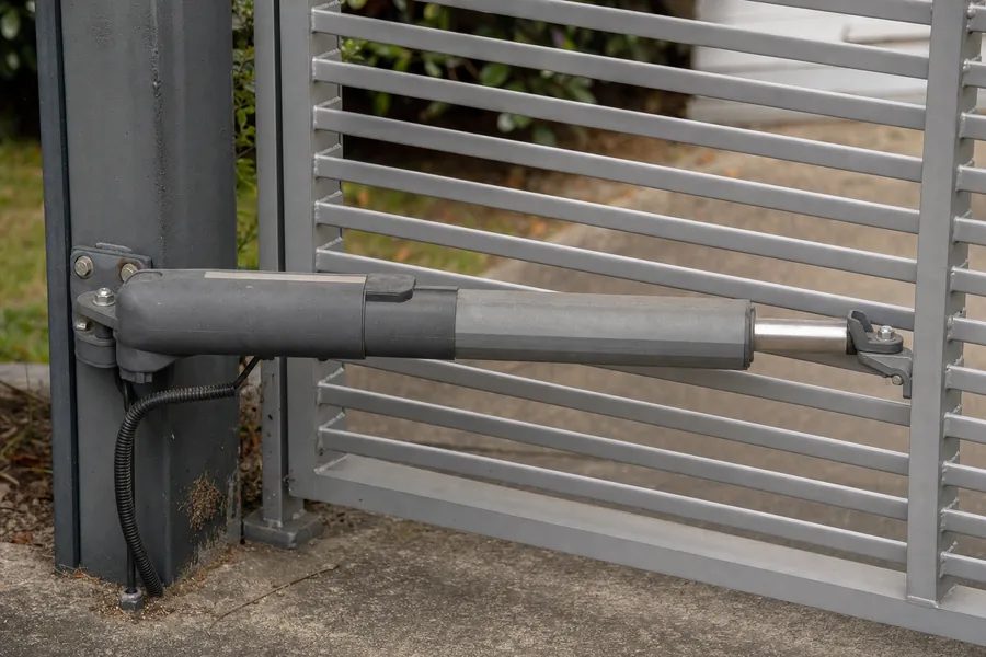 Gate operator, arm and control box on a driveway gate in Irving, TX