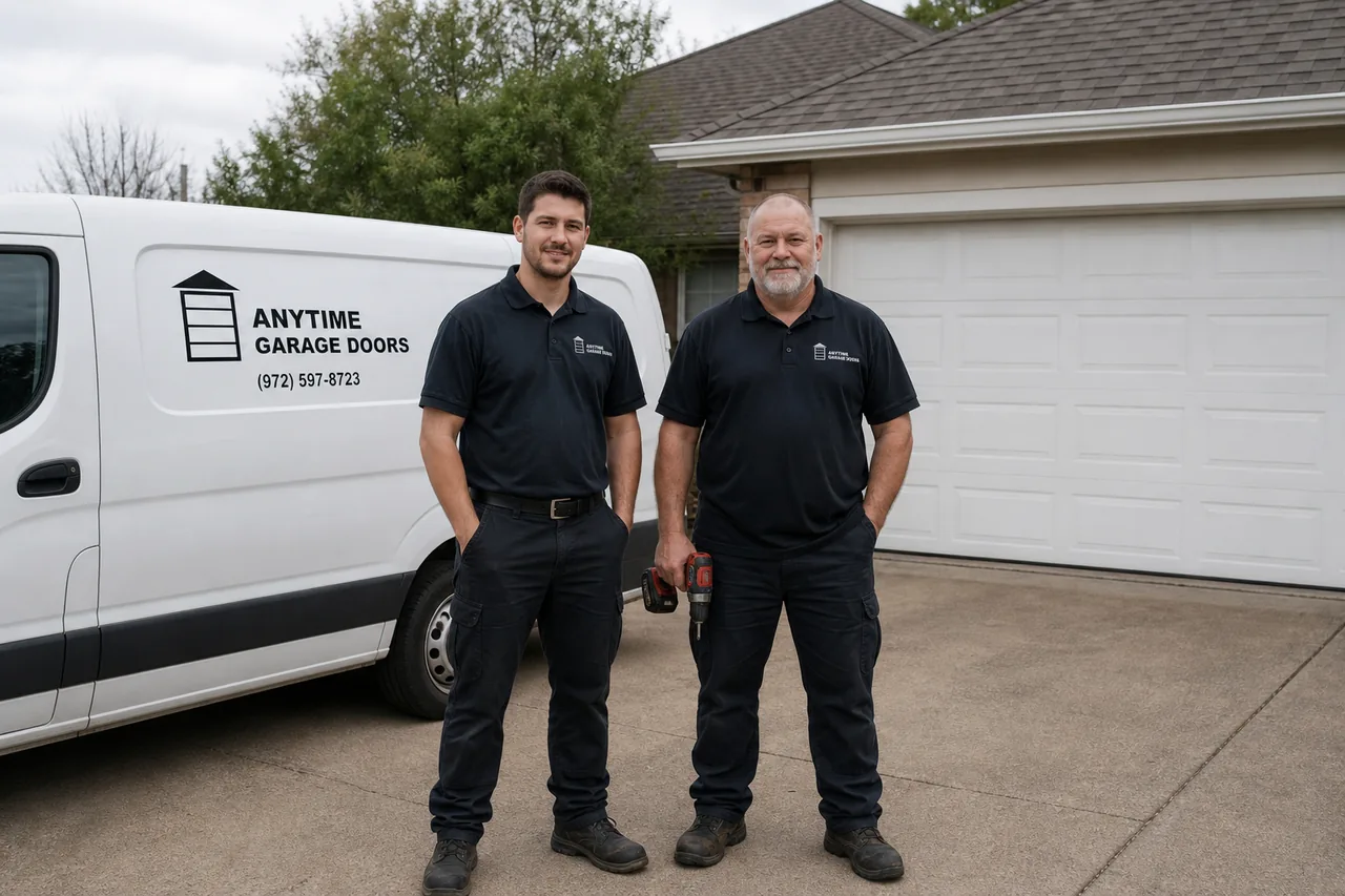 Anytime Garage Doors technicians and service van outside a home in Irving, TX