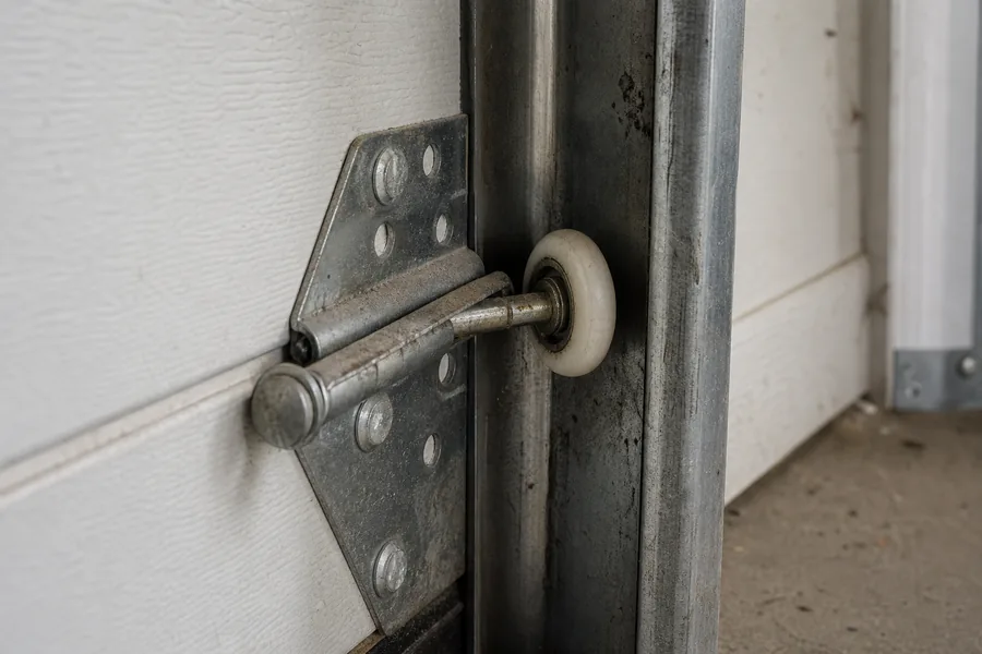 Hinges and roller along a panel seam of a garage door in Irving, TX